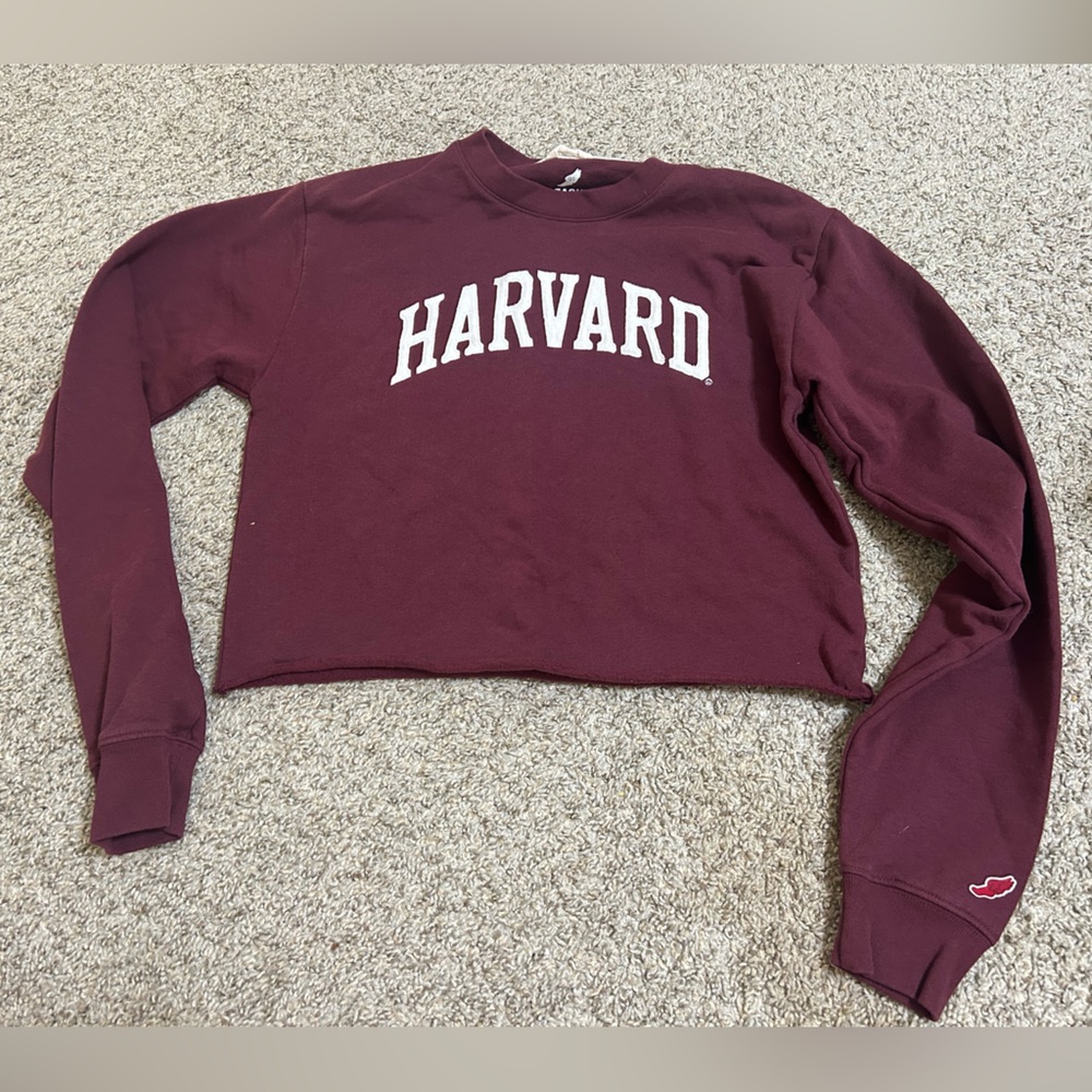 League Women's Crewneck Sweatshirt Maroon White Harvard Logo Cropped University